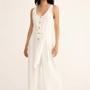 Sleeveless White Button-Front Wide-Leg Jumpsuit with Waist Tie